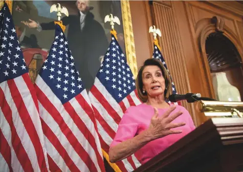  ?? AP ?? House Minority Leader Nancy Pelosi speaks to the media a day after the midterm elections, in Washington, on Wednesday as Democrats took back the House with a surge of new candidates and voter enthusiasm, ending eight years of Republican control.