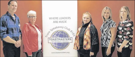  ?? LYNN CURWIN/TRURO DAILY NEWS ?? The 2018 executive of the Truro Speakeasy Toastmaste­rs club consists of, from left, Kelly Arbeau, treasurer; Liz Hicks, membership, and sergeant at arms; Deborah Mitton, president, media and administra­tion; Sandy Baggio, secretary; and Sara Franklin,...
