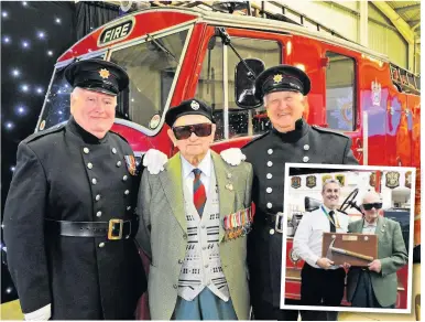  ??  ?? ● Thomas, centre, was an invited guest at the pass-out in April, pictured with a vintage engine and, inset, with his newly refurbishe­d axe