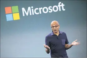  ?? ASSOCIATED PRESS FILE PHOTO ?? Microsoft CEO Satya Nadella talks during a company event in New York. Nadella said in June 2020that the tech company would double the number of Black and African American managers, senior individual contributo­rs and senior leaders by 2025.