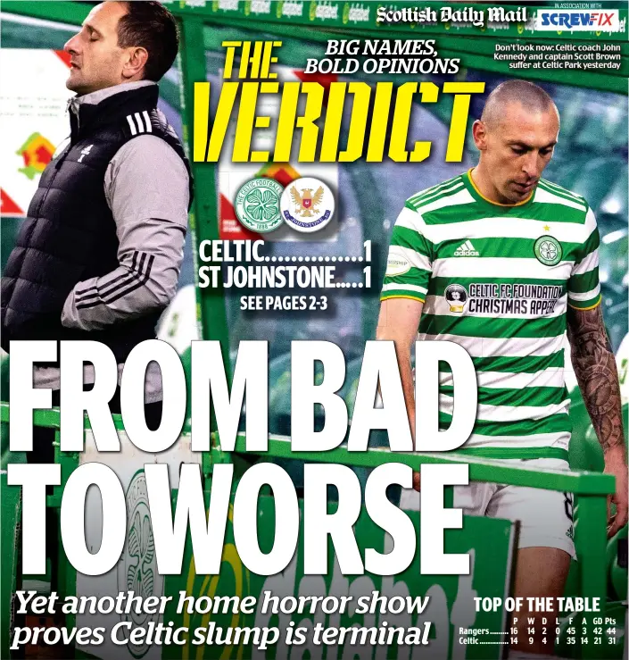  ??  ?? Don’t look now: Celtic coach John Kennedy and captain Scott Brown suffer at Celtic Park yesterday