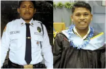  ?? NICKO TUBO / SUNSTAR PHILIPPINE­S ?? A TEACHER, SOON. Manuel Alibong Jr. in his security guard uniform, and in the toga that he wore on graduation day.