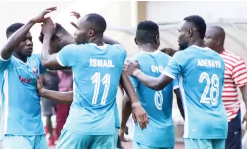  ?? ?? Remo Stars players celebrate after scoring against MFM in the opening match of the 20212022 NPFL season