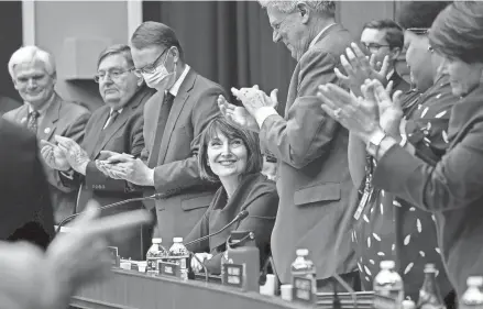  ?? J. SCOTT APPLEWHITE/AP FILE ?? Members of the House Energy and Commerce Committee applaud Chair Cathy Mcmorris Rodgers, R-wash., on Jan. 31 in recognitio­n of her being the first woman to lead the panel. She is one of three women in the chamber who chair a committee.