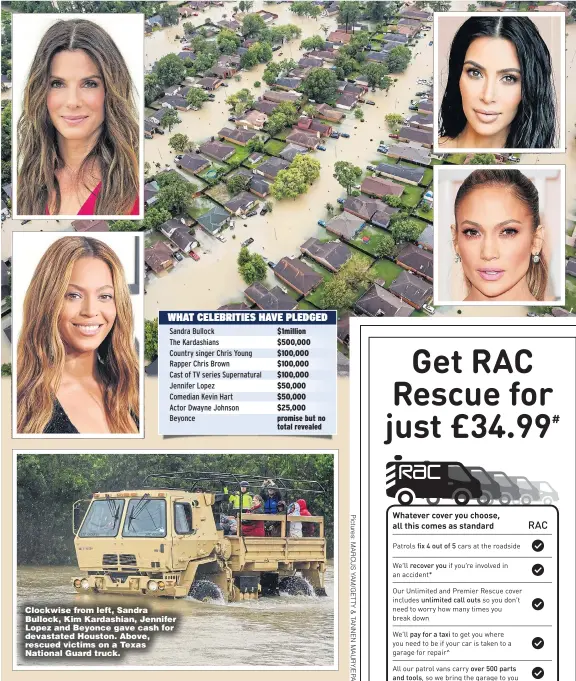  ??  ?? Clockwise from left, Sandra Bullock, Kim Kardashian, Jennifer Lopez and Beyonce gave cash for devastated Houston. Above, rescued victims on a Texas National Guard truck.