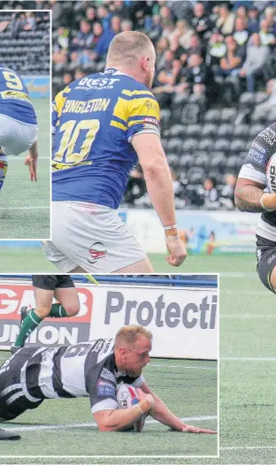  ??  ?? Widnes forward Weller Hauraki looks for daylight between Leeds pair