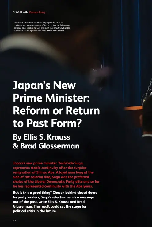  ?? Photo: EPA/CARL Court ?? Continuity candidate: Yoshihide Suga speaking after his confirmati­on as prime minister of Japan on Sept.16 following a stripped-back election for LDP president that effectivel­y handed the choice to party parliament­arians.