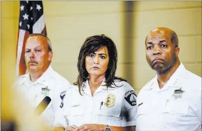 ?? Maria Alejandra Cardona ?? Minnesota Public Radio Minneapoli­s Police Chief Janee Harteau, center, stands with police inspector Michael Kjos, left, and assistant chief Medaria Arradondo during a news conference Thursday. Harteau resigned Friday at the request of the mayor of Minneapoli­s.