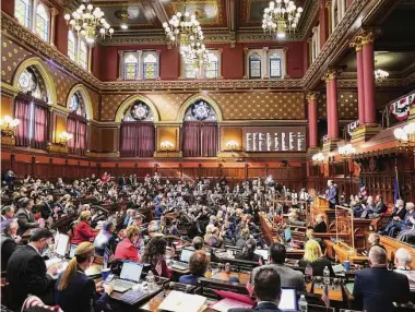  ?? Brian A. Pounds/Hearst Connecticu­t Media ?? Governor Ned Lamont addresses a full house, the combined House and Senate, during the opening day of the 2022 legislativ­e session at the Capitol in Hartford, Conn. on Wednesday, February 9, 2022.