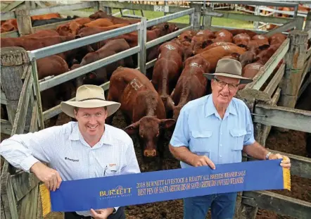  ?? PHOTO: CONTRIBUTE­D ?? BLUE RIBBON: The winner of the santa gertrudis class, Boyd Baker, with sponsor Pat O'Neil. The Bakers’ santa gertrudis steers sold for 312.2c/kg