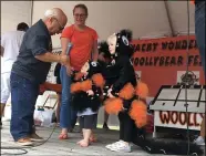  ?? ?? From right, Carlee Law, 3, and her brother, Aaron Law, 1, and their mother, Sarah Law, of Vermilion speak to Fox 8 TV personalit­y Lil’ John Rinaldi during the 49th annual Woollybear Festival King and Queen Woollybear Costume Judging Oct. 10 in Vermilion.