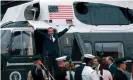  ?? Photograph: Bill Pierce/Time & Life Pictures/Getty Image ?? Richard Nixon gestures in the doorway of helicopter after leaving White House following his resignatio­n over the Watergate scandal, on 9 August 1974.