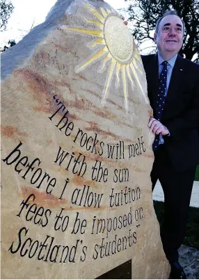  ??  ?? Pledge: Alex Salmond unveiling the stone at Heriot-Watt in 2014