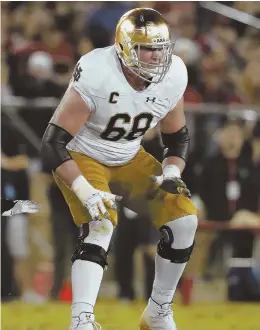  ?? AP PHOTOS ?? LINING UP THE PROSPECTS: Notre Dame’s Mike McGlinchey (left) is the top-rated left tackle in this year’s NFL draft class, while UCLA’s Kolton Miller (top, 77) and Texas’ Connor Williams (above, 55) have made visits to Foxboro, as the position is a need...