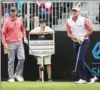  ?? LOGAN NEWELL, THE ASSOCIATED PRESS ?? Steve Stricker, right, reacts to his drive as Sean O’Hair watches.