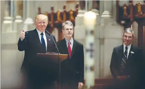  ??  ?? DONALD TRUMP speaks before the funeral for Eagle Forum founder Phyllis Schlafly at Cathedral Basilica in St. Louis.