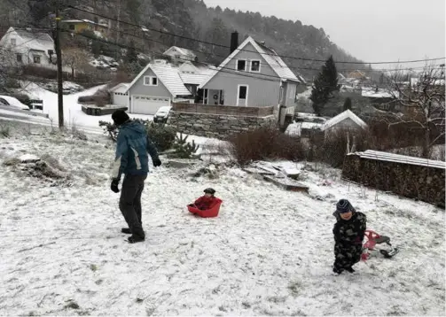  ??  ?? Det er ikke nødvendig med veldig mye snø før man kan ake. Iallfall ikke på plenen. Sludd holder. Saerlig når det er den første.