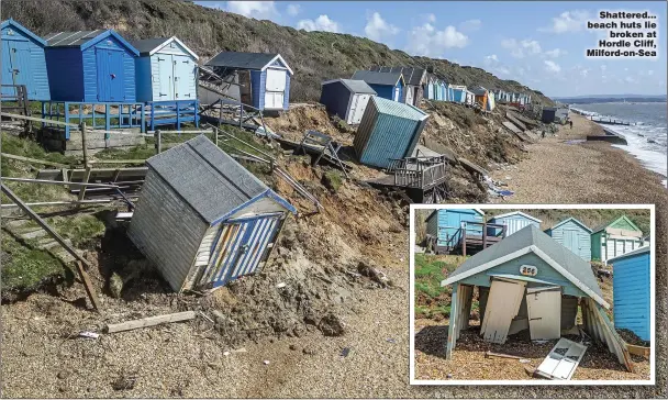  ?? Picture: BNPS ?? Shattered... beach huts lie broken at Hordle Cliff, Milford-on-Sea