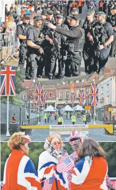  ?? — Reuters photos ?? (Clockwise from top left) Members of the public pass a security screening as they arrive on castle hill ahead of the wedding and carriage procession of Prince Harry and Meghan Markle in Windsor, yesterday. People gather; and police officers are seen...