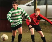  ??  ?? Jakub Kaspirowic­z (Gorey Celtic) and Lee Connors (Camolin Celtic).