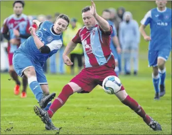  ?? Picture: John Westhrop FM4605963 ?? New Romney get in a shot against Borden Village during Saturday’s Intermedia­te Challenge Shield tie