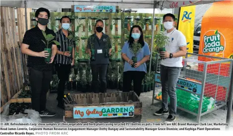  ??  ?? ARC Refreshmen­ts Corp. show samples of their vegetable and herb plants using recycled PET bottles as pots. From left are ARC Brand Manager Clark Lee, Marketing Head James Loverio, Corporate Human Resources Engagement Manager Dothy Bungay and Sustainabi­lity Manager Grace Dionisio; and Kaybiga Plant Operations Controller Ricardo Reyes.