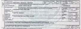  ??  ?? SHARLEY MCMULLEN, 72, died at Torrance Memorial Hospital in 2014. Her death certificat­e, right, cites respirator­y failure and septic shock caused by her perforated ulcer as the underlying cause of death.