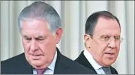  ?? ALEXANDER NEMENOV / AFP ?? Russian Foreign Minister Sergey Lavrov (right) and US Secretary of State Rex Tillerson arrive at a news conference after their talks in Moscow on Wednesday. Russian President Vladimir Putin met earlier with Tillerson.