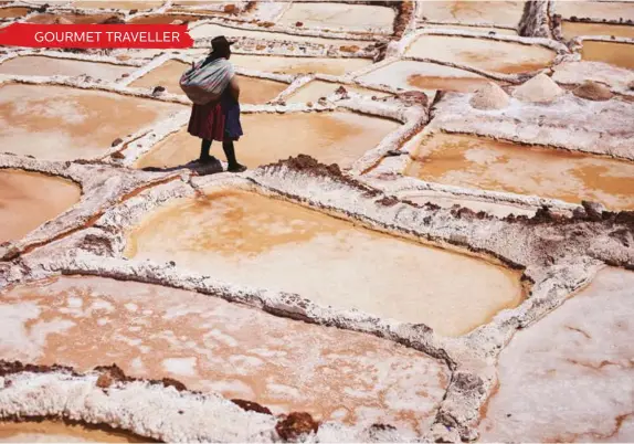  ??  ?? CLOCKWISE (FROM ABOVE) A woman surveys the Salinas de Maras terrain; salt panning; flor de sal crystals; saltpans are tended by their owners.