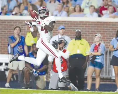  ?? ALABAMA PHOTO/KENT GIDLEY ?? Alabama sophomore wide receiver Jerry Jeudy is a chief example of his team’s quick-strike offense this season, having made touchdown catches of 79 and 22 yards during the top-ranked Crimson Tide’s 62-7 rout of Ole Miss on Sept. 15.