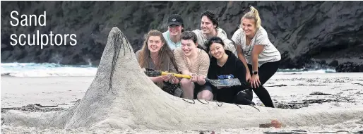  ?? PHOTO: PETER MCINTOSH ?? Gritty achievemen­t . . . At a sandcastle building contest at Tomahawk Beach yesterday afternoon, Steven the sustainabi­lity sea lion was built by sand sculptors (front, from left) Millie Gillard, Daragh Brown, Angela King; (back, from left) Brenna Leong, Gabriel Waterson and Demi Lawrence.