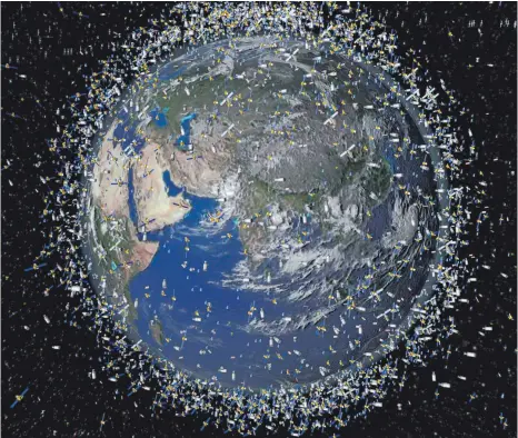  ?? FOTO: DPA ?? Dieses computerge­nerierte Bild der European Space Agency (Esa) zeigt Weltraummü­ll, der neben intakten Satelliten um die Erde kreist.