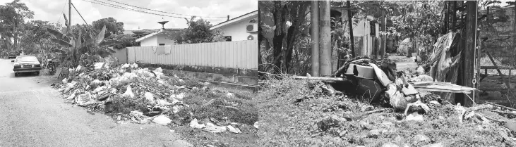  ??  ?? Photos show heaps of rubbish at many housing areas in Matang area.