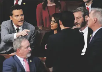  ?? ALEX BRANDON/AP ?? REP. MATT GAETZ, R-FLA., (LEFT) talks to Rep. Kevin Mccarthy, R-calif., (right) in the House chamber as the House meets for the fourth day to elect a speaker and convene the 118th Congress in Washington on Jan. 6.