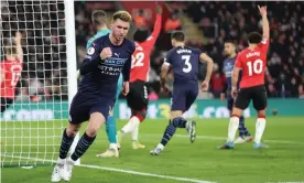  ?? Photograph: Matthew Ashton/AMA/Getty Images ?? Aymeric Laporte equalises for Manchester City with a thumping header.