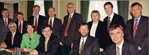  ?? ?? Seat of power ...Frank Field in Labour’s first Cabinet as welfare reform minister just days after winning the general election in May 1997. Frank is pictured behind then Chancellor Gordon Brown