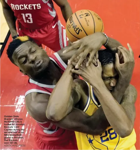  ??  ?? Golden State Warriors' Alfonzo McKinnie (28) is fouled by Houston Rockets' Clint Capela during the second half of an NBA basketball game in Houston. The Rockets won 107-86. ASSOCIATED PRESS