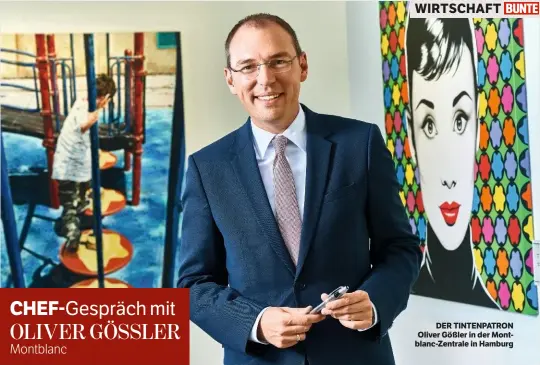 ??  ?? WIRTSCHAFT DER TINTENPATR­ON Oliver Gößler in der Montblanc-Zentrale in Hamburg