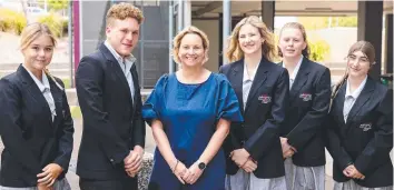  ?? ?? Benowa SHS 2024 school captains Lilly Capra, Aiden De Vito, principal Alison Fahlbusch, Aliana Manderson, Alliott Sternberg and Evie Williams. Picture: Supplied