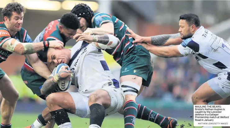  ?? MATTHEW LEWIS/GETTY IMAGES ?? MAULING THE BEARS: Bristol’s Nathan Hughes is caught by the Leicester defence in a Gallager Premiershi­p match at Welford Road in January