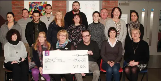  ??  ?? First year VTOS students presenting €710 to Gorey Family Resource Centre at Gorey Further Education Centre. Front row: Lorraine Flanagan, Mag McElwain, Anita Carroll, Kearon Sheil, Fiona Wickham and Treasa Wemyss. Back row: Joanne Morris, Aidan Fitzpatric­k, Anwar Kritem, Tomas Mihayli, Edel Kilroy, Lar Murphy, Breda Kinch, lauren Redmond, John Kellett, Patricia Sheil and Suzy Khalid.