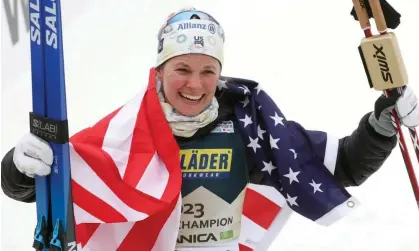  ?? Photograph: Grzegorz Momot/EPA ?? Jessie Diggins celebrates in the finish area after winning the 10km freestyle world title on Tuesday.