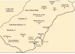  ?? ?? Territorio que ocupaba la cora o provincia de Algeciras entre los siglos VIII y X con los castillos, distritos agrícolas y algunas de sus alquerías.