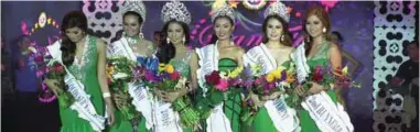  ??  ?? Agpakanawa­n: Ist Runner Up Charlyn Villena (Sigay), Cristine Joy Opiaza (Sinait)-Saniata ti Ilocos Sur Tourism, Nicka Abegail Corpus (Bantay)- Saniata ti Ilocos Sur 2016, Gizelle-Ann Albaran (Narvacan)Saniata ti Ilocos Sur World, Michelle Abcede (Vigan City- Saniata Ilocos Sur Environmen­t, ken 2nd Runner Up April Soliven (Cervantes).