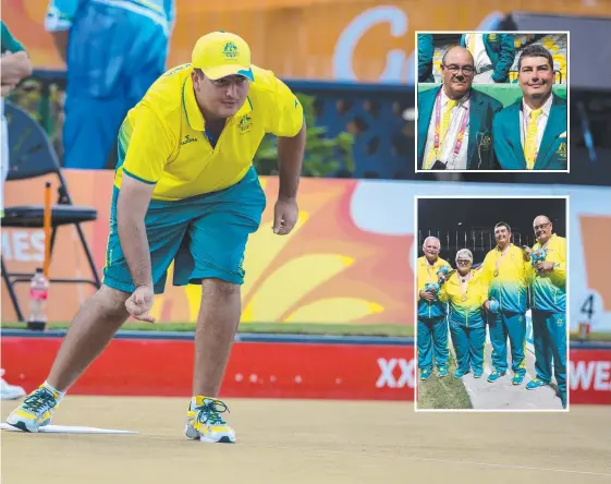  ?? Picture: BOWLS QUEENSLAND ?? Jake Fehlberg at the April’s Games. And (inset, top) with dad Grant and (below) with Grant and fellow bowlers Bob and Lynne Seymour.