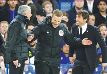  ??  ?? PIT BULLS . . . Manchester United manager Jose Mourinho (left) and Chelsea’s Antonio Conte (right) clashed for the second time this season in the immediate aftermath of Anders Herrera’s red card during Monday night’s FA Cup quarter- final tie at...