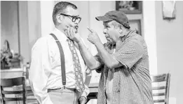  ?? STEVEN MILLER PHOTOGRAPH­Y ?? Felix (Stephen Lima, left) gets the point that Oscar (Mark Ferrera) is making in “The Odd Couple” at the Garden Theatre in Winter Garden.