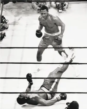  ?? Agence France-Presse via Getty Images 1971 ?? Joe Frazier stands over Muhammad Ali during the “Fight of the Century” in New York on March 8, 1971.