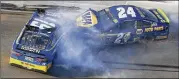  ?? DALE DAVIS / ASSOCIATED PRESS ?? Chase Elliott (24) and Daniel Suarez wreck late in Sunday’s playoff race at Talladega Superspeed­way. Only four playoff drivers finished the race.