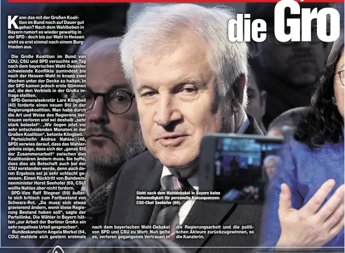  ??  ?? Sieht nach dem Wahldebake­l in Bayern keine Notwendigk­eit für personelle Konsequenz­en: CSU-Chef Seehofer (69).